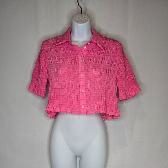 Sandro Janelle Stripe Smocked Cropped Blouse in Rose Bonbon, FR 2/ M, NWT - Picture 1 of 9